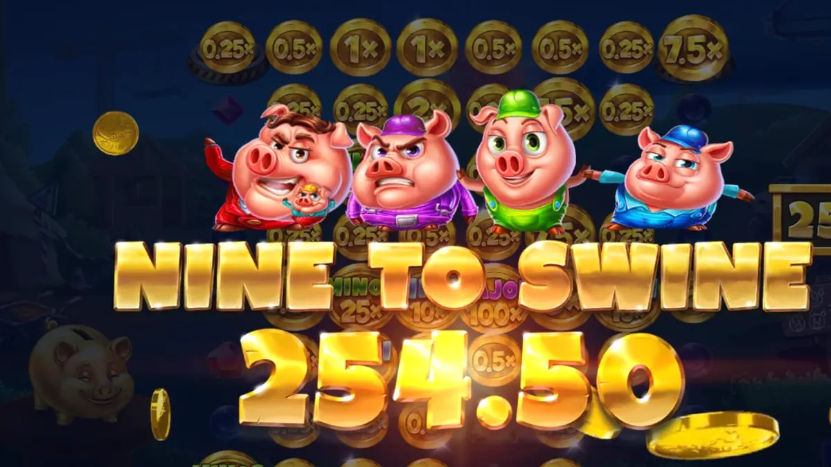 Cenário colorido e lúdico do slot Huff n Puff CollectR com porquinhos e elementos de construção