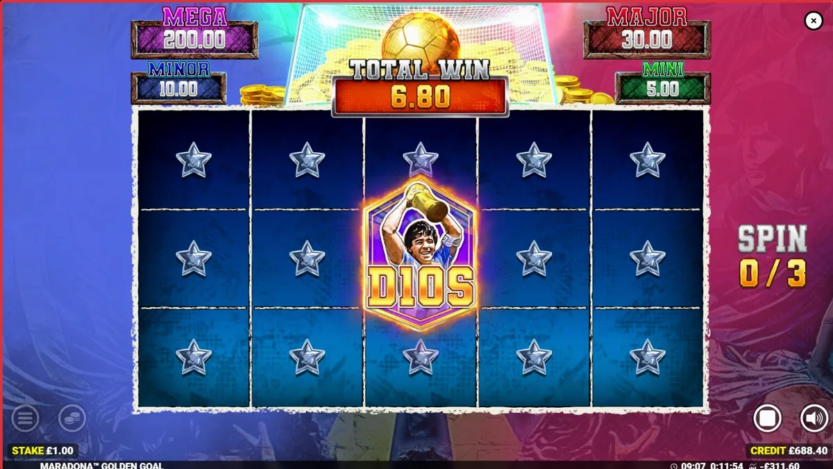 Painel de jogo do slot Maradona Golden Goal com símbolos temáticos