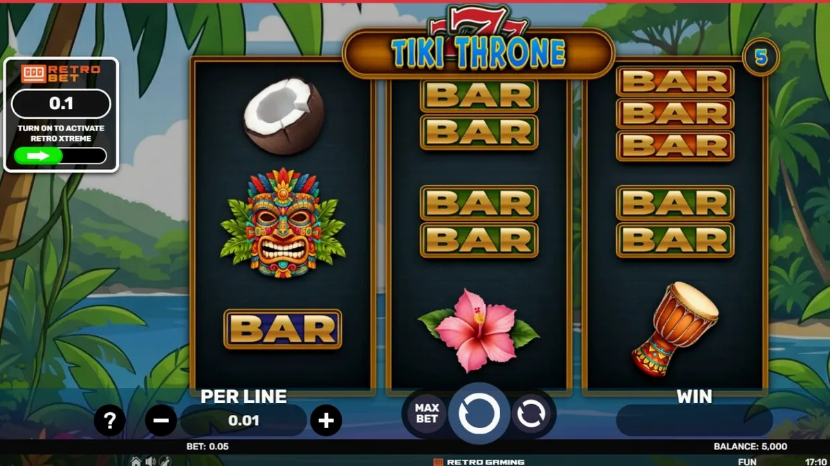 Interface vibrante do slot 777 Tiki Throne com elementos tropicais