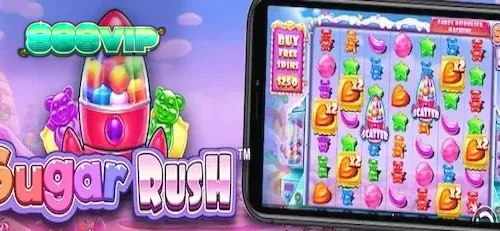 Interface colorida e vibrante do slot Sugar Rush com doces e multiplicadores